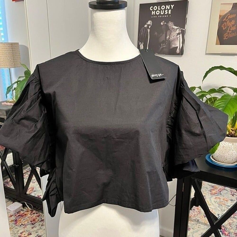 Nwt Nasty Gal Sleeve it With Me Black Cropped Ruffle Blouse Size 8 - Picture 3 of 6